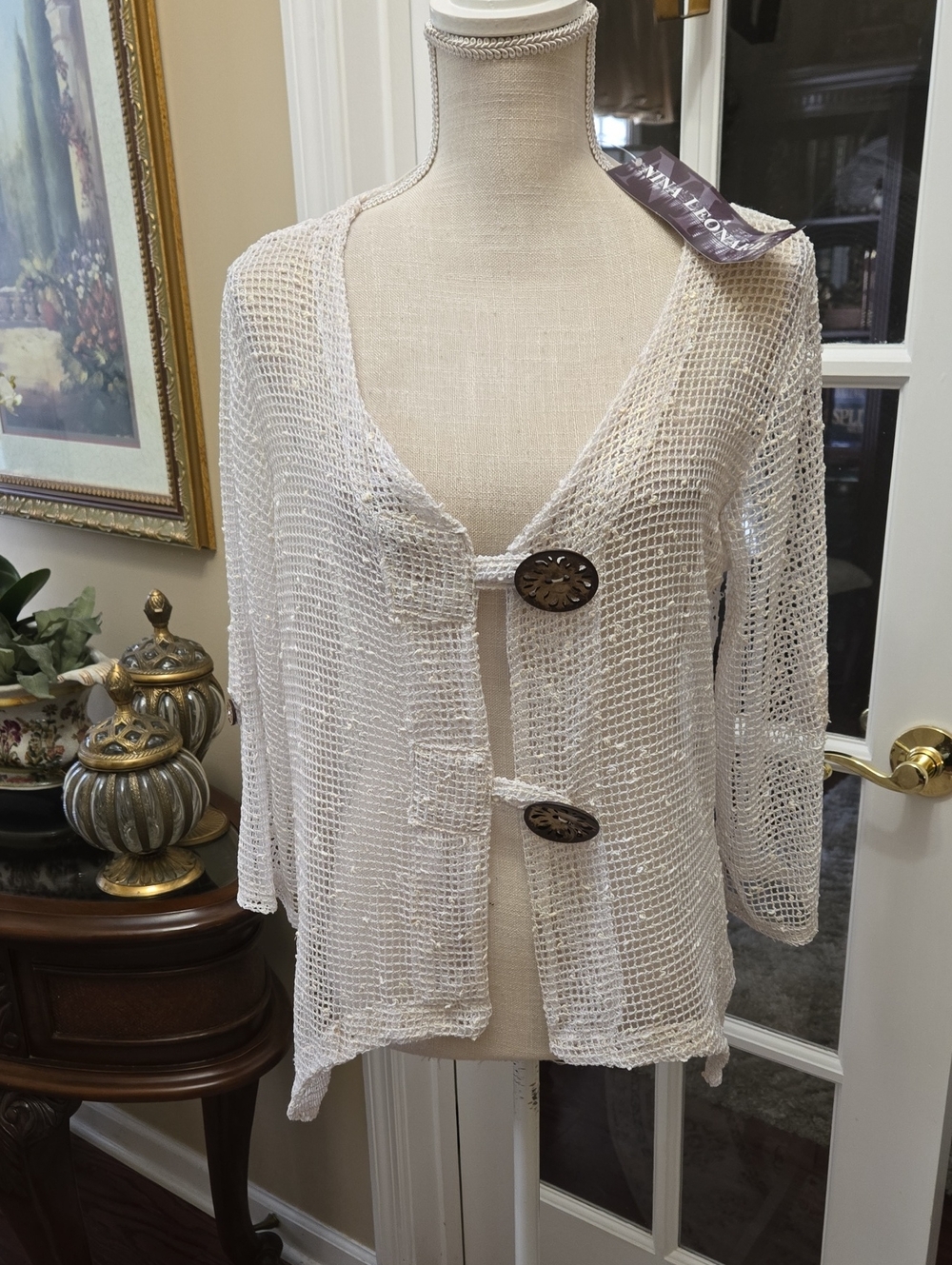 Nina Leonard Open Weave Cardigan White Large Wood Buttons Large NEW WITH TAGS